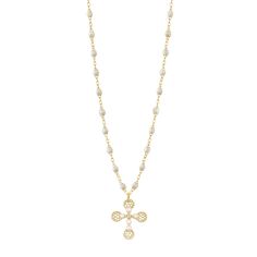 Gigi Clozeau - Lace Cross Diamond Necklace, Opal, Yellow Gold, 16.5 Luxury White Diamond Necklace With Pearl Chain, Luxury Pearl Necklace With Adjustable Chain, Luxury Pearl Pendant Chain Necklace, White Luxury Necklace With Delicate Chain, Luxury White Necklace With Delicate Chain, Rose Gold Pendant Necklace With Pearl Charm, Luxury Rose Gold Pearl Chain Jewelry, Luxury Rose Gold Pearl Jewelry, Fine Jewelry Rose Gold Necklace With Pearl Pendant