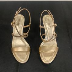 New In Box Pale Gold Michael Kors Woman’s Heeled Sandal , In The Veronica Style. Gold Closed Toe Wedge Sandals For Formal Occasions, Gold Open-toe Wedge Sandals For Formal Occasions, Gold Open Toe Wedge Sandals For Formal Occasions, Formal Gold Closed Toe Wedge Sandals, Formal Gold Synthetic Sandals, Gold Synthetic Wedge Sandals For Formal Occasions, Formal Gold Wedge Sandals With Removable Insole, Michael Kors Synthetic Sandals For Evening, Michael Kors Sandals With Heel Strap