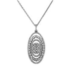 NECKLACE DETAILS: Colorless Diamonds, With no visible inclusions to the unaided eye. STONES: 2.17ct - 133pcs -  Round Diamonds DIAMOND COLOR:  G-H DIAMOND CLARITY: SI2-SI3 DIAMOND CUT:  Very Good SETTING: Prong - Pave Set  PENDANT SHAPE: Oval PENDANT DIMENSION: 30mm H x 16mm W  PENDANT DROP LENGTH: 36mm WEIGHT OF GOLD: 2.58g - 14K White Gold - ("585" Metal Stamp) NECKLACE LENGTH: 16" Inches *All gemstone carat weights (ct. t.w.), if mentioned, are approximate; variance may be .05 carat REGARDING MY CLOSEOUT ITEMS: Items on the closeout category will show inventory levels and the special price. Closeout pricing is good only for available inventory and we cannot accept special orders.  My closeout items are new unless otherwise stated.   This Item is ready to ship. Placing your order in full Classic Diamond White Oval Pendant Necklace, Classic Diamond Oval Pendant Necklace, Elegant Oval Pendant Necklace With Brilliant Cut, Elegant Oval Pendant Diamond Necklace With Single Cut Diamonds, Classic Oval Pendant Diamond Necklace For Formal Occasions, Classic Oval Pendant Diamond Necklace For Formal Events, Formal Oval Necklace With Single Cut Diamonds, Timeless Diamond Accented Oval Pendant Necklace, Timeless Oval Pendant Necklace With Diamond Accents