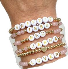 Swiftie Bracelet, Eras Tour Friendship Bracelets, Taylor Swift Eras Tour, Word Bracelet, Rose Gold Beads, Taylor Swift Eras, Catholic Jewelry, Name Bracelet, Aquamarine Gemstone