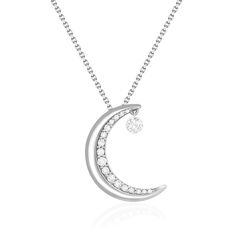 Moon and Star Shimmer Pendant – Na Hoku Elegant Diamond Necklace With Moon Phase, Elegant Diamond Necklace With Moon Phase Detail, Moon Phase Diamond Necklace Fine Jewelry, Diamond Moon Phase Necklace Fine Jewelry, Fine Jewelry Diamond Moon Phase Necklaces, Fine Jewelry Diamond Moon Phase Necklace, White Gold Crescent Necklace For Wedding, Formal White Gold Crescent-shaped Pendant, Formal Crescent White Gold Jewelry