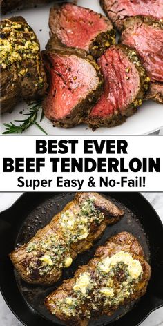 Beef tenderloin sliced on a plate and cooked in a skillet. Slow Roasted Beef Tenderloin, Beef Tenderloin Roast Recipes, Beef Tenderloin Recipes, Beef Tenderloin Roast, Tenderloin Roast, Tenderloin Recipes, Garlic Recipes, Beef Tenderloin