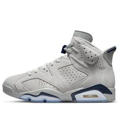 The classic Air Jordan 6 Retro Georgetown 2022 is here! This iconic sneaker speaks to all passionate basketball fans. Paying homage to the Hoyas, this shimmering silhouette is characterized by its signature colors: a gray suede upper with perforated detailing and a Huarache-like inner sleeve, accented with navy touches on the heel tab, lace locks, and Jumpman branding on the tongue and back heel. The midsole is constructed from two-tone polyurethane for optimal cushioning, featuring a visible Air-sole unit in the heel and a translucent rubber outsole for traction. Step up your style game with these classic men’s sneakers and make sure you are always at your best on or off the court. (AJ6/SNKR/Men's/High Top/Basketball/Wear-resistant) Gray High-top Sneakers With Perforated Toe Box For Sports, Gray High-top Sneakers With Perforated Toe Box, Gray Cushioned Basketball Shoes For Streetwear, Gray Basketball Shoes With Boost Midsole For Streetwear, Casual Gray Basketball Shoes With Boost Midsole, Urban Gray Basketball Shoes With Boost Midsole, Gray Jordan Shoes For Streetwear, Casual Suede Basketball Shoes With Boost Midsole, Gray Suede Sneakers With Boost Midsole