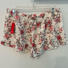 Forever 21 Silky Floral Shorts, Stretchy, Frill Detailing On Front, Size L But Fits Like A M Forever 21 White High-waisted Shorts, Forever 21 White Short Bottoms, Forever 21 White Shorts, White Forever 21 Shorts, Casual Floral Print Pajama Shorts, Forever 21 White Summer Shorts, Trendy White High-waisted Pajama Shorts, Trendy White Floral Print Shorts, Trendy White Shorts With Floral Print