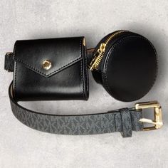 Michael Kors Black Belt Bag New With Tags Genuine Leather Two Separate Small Bags -Square Bag - 4.25" X 3.25" X 1 With Snap Closure -Round Bag 4" X 1" Zip Closure Gold Tone Hardware Belt Length - 40" Waist Size: 32" - 38" Black Wallet With Removable Pouch For On-the-go, Black Rectangular Belt Bag For Office, Black Rectangular Belt Bag With Gold-tone Hardware, Black Belt Bag With Removable Pouch For Office, Black Belt Bag For Office, Modern Black Wallet With Detachable Strap, Black Belt Bag With Adjustable Strap For Office, Elegant Office Shoulder Bag With Removable Belt, Black Wallet With Detachable Strap For On-the-go