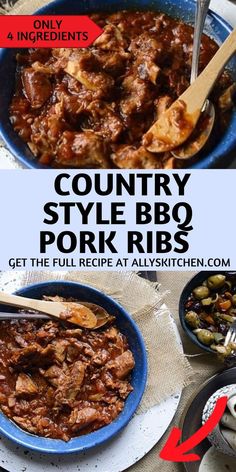 Collage of closeup shot of bowlful of country style BBQ pork ribs at top and overhead shot of bowlful of pork ribs at bottom.