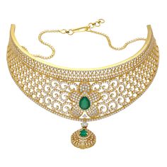 Evoke classic charm with this 22k gold choker necklace—a Virani Jewelers masterpiece that captures the essence of Indian jewelry legacy. Crafted with utmost care, this bejeweled choker necklace showcases intricate design and timeless allure. Adorn yourself with sophistication, embracing the grace of authentic Indian gold jewelry that stands as a testament to your refined taste. Features • 22k yellow gold • Emerald • Cubic zirconia Specifications • Minimum width - 2 millimeters • Maximum width - Opulent Hallmarked Wedding Jewelry, Temple Jewelry Style Choker Necklace For Receptions, Temple Jewelry Style Choker For Receptions, Traditional Yellow Gold Emerald Necklace For Formal Occasions, Traditional Yellow Gold Emerald Necklace For Formal Events, Luxury Filigree Cubic Zirconia Jewelry, Luxury Diamond Necklace For Reception With Intricate Design, Exquisite Diamond Jewelry For Ceremonial Occasions, Luxury Gold Diamond Choker Necklace