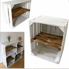 two white wooden shelves with one shelf open and the other closed, in different angles