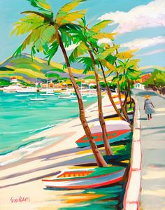 a painting of a beach with boats and palm trees