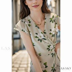 Lasaky - Chic and Refreshing Long Silk Dress with Cross-neck Design and Jasmine Fragrance, featuring a Mimicry of Mulberry Silk, Tied with Elegant Gardenia Flowers. Elegant Beige Floral Dress V-neck, Elegant Beige Floral Dress With V-neck, Elegant Beige V-neck Floral Dress, Elegant Green Floral V-neck Dress, Elegant Beige Floral Short Sleeve Dress, Tie Waist Maxi Dress, Midi Dress Elegant, Cross Neck, Silk Dress Long