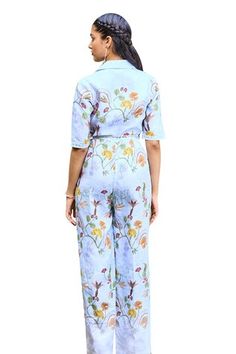 Blue jumpsuit with floral prints and sequin details. Comes with a belt. - Aza Fashions Fitted Belted Sets For Spring, Floral Lapel, Diana Penty, Floral Print Jumpsuit, Jumpsuit For Women, Blue Jumpsuit, Jumpsuit Pattern, Luxury Sale, Blue Jumpsuits