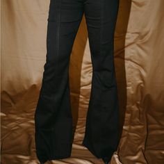 Brand New Black Stretch Denim Flare Jeans, Black Non-stretch Mid-rise Flare Jeans, Black Non-stretch Cotton Flare Jeans, Black Flare Denim Pants, Stretch Black Cotton Flare Jeans, Black Stretch Cotton Flare Jeans, Black Stretch Flare Jeans In Cotton, Black Stretch Flare Jeans For Work, Chic Fitted Washed Black Jeans