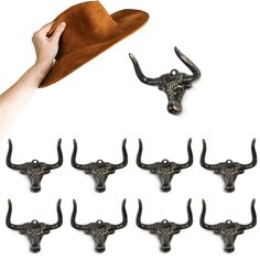 PRICES MAY VARY. Western Cowboy Hat Rack--This cowboy hat organizer features a unique design that combines elements of the western longhorn. With its antique rust color, it exudes the authentic style of the Wild West. Even without the cowboy hat hung on it, it still becomes a small piece of art on your wall. Unique Cowboy Hat Holder--This stylish hat holder measured with 5.5x4.3x2.7 in, designed to hold or display your cowboy/cowgirl hats, the bull horn with certain angle which ensuring cowboy h Hats On Wall Display, Cowboy Hat Display, Cowboy Hat Wall, Cowboy Hat Holder, Cowboy Hat Rack, Hat Organizer, Western Wall Decor, Cowboy Gifts, Decorative Wall Hooks