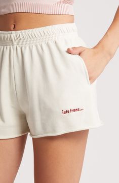 These sporty logo-detailed shorts are crafted from soft cotton for cozy weekend-perfect appeal. 2" inseam; 28" leg opening; 12" front rise; 13" back rise (size Medium) Elastic waist Side-seam pockets 90% cotton, 10% polyester; color 900: 90% cotton, 10% polyester Machine wash, line dry Imported Sporty Cotton Pajama Shorts For Everyday, Spring Sporty Cotton Pajama Shorts, White Cotton Shorts With Comfort Waistband, White Cotton Shorts For Everyday, White Cotton Everyday Shorts, Everyday White Cotton Shorts, Relaxed Fit Cotton Pajama Shorts For Leisure, Cozy Cotton Shorts For Spring, Comfy Cotton Pajama Shorts For Leisure