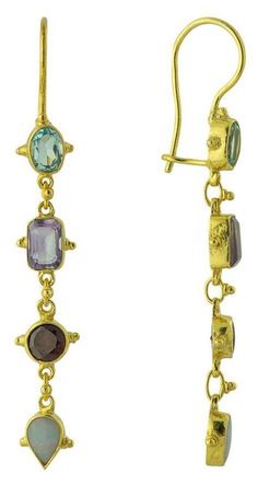 Wearing these earrings is intoxicating, because everyone notices them. Hardy's lively heroine might have worn dangling earrings such as these to stand out in a somber crowd. Blue topaz, amethyst, garnet and opal in a 24k gold vermeil setting. Size: 2" tall. Multi-stone Dangle Earrings For Party, Multicolor Dangle Earrings With Lever Back Ear Wires, Antique Amethyst Jewelry, Museum Jewelry, Kublai Khan, Roman Jewelry, Victorian Earrings, Spring Jewelry, Knot Earrings