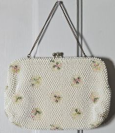 Vintage White Embroidered Bags, Vintage White Embellished Bags, White Vintage Party Bag, Vintage Handmade White Shoulder Bag, Vintage White Handmade Shoulder Bag, Vintage White Party Bags, Vintage Beaded Beige Bags, Vintage White Bags With Pearl Handle, Vintage White Bag With Pearl Handle