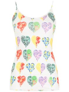 White/multicolour heart-print tank top from AMIR SLAMA featuring heart print, U-neck, spaghetti straps, stretch-design and straight hem. | AMIR SLAMA Heart-Print Tank Top U Neck, Fashion Aesthetic, Print Tank, Printed Tank Tops, White Tank Top, Cami Tanks, Heart Print, Cami Tops, Spring Summer Fashion