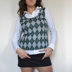 Y2k 00s 2000s 90s vintage knit green gray argyle sweater vest with blouse | eBay Diamond Sweater Vest, Argyle Sweater Outfit, Grey Forest, Diamond Sweaters, Argyle Print, Argyle Sweater Vest, Argyle Sweater, 90s Vintage, Vintage Knitting