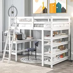 a white loft bed with desk and ladder in the corner next to it on top of a carpeted floor