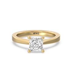 a rose gold engagement ring with a princess cut diamond in the center, on a white background