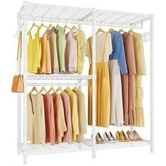 a white rack with clothes and shoes on it