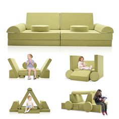 the children are sitting on different types of sofas