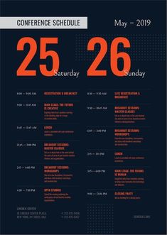 an orange and black poster with numbers on it that says conference schedule 25 - 26 may