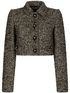 brown wool blend tweed classic collar embossed gold-tone buttons front button fastening long sleeves cropped straight hem Shoe Storage Design, Cher And Dionne, Chanel Tweed, Dolce E Gabbana, Fashion Line, Cropped Cardigan, Work Attire, Crop Jacket, Pop Fashion