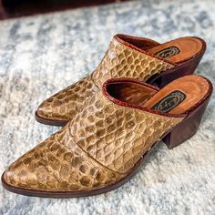 Nwot Salpy Dallas Snakeskin Mules Clogs Tan / Brown With Red Piping Size 7 Originally Priced At $450 (Can Check Salpy's Website If You Search "Dallas") No Box Or Tags, Unfortunately, But In Pristine Condition!! Heel Height: 2" Western Leather Mules With Pointed Toe, Western Style Leather Mules With Pointed Toe, Brown Slip-on Mules For Fall, Western Closed Toe Mules For Fall, Western Style Closed Toe Mules For Fall, Western Leather Mules For Fall, Western Style Slip-on Mules With Leather Sole, Brown Open Toe Mules For Fall, Western Brown Heels With Stacked Heel