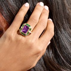 Ross-Simons - 7.00ct Amethyst, .80ct t. w. Emerald, .20ct t. w. Diamond Ring Size 6. This cheerful cocktail ring will help your personal style flourish. A regal 7.00 carat emerald-cut amethyst takes center stage among the sprightly halo of .80 ct. t. w. square emeralds and .20 ct. t. w. round diamonds. Crafted in 14kt yellow gold. 3/4" wide. Diamond, emerald and amethyst ring. Gold Pendants For Men, Emerald Band Ring, Purple Sapphire Ring, Amethyst Cocktail Ring, Square Diamond Rings, Emerald Ring Vintage, Emerald And Diamond Ring, Vintage Jewellery Rings, Art Ring