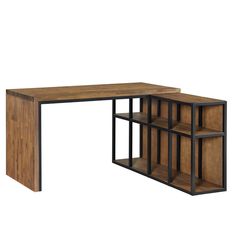 a wooden desk with metal legs and shelves