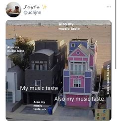 an aerial view of some colorful houses with words written on the front and side of them