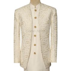 Elevate your special occasion attire with this exquisite Off-White Prince Coat paired with a traditional Shalwar Kameez. This designer ensemble exudes sophistication and elegance, making it a perfect choice for weddings, groomsmen, red carpet events, and more. Premium Craftsmanship The Off-White Prince Coat is meticulously crafted from premium quality fabric, ensuring both comfort and style. The coat features an open front design, adding a touch of modern flair to the traditional silhouette. Int White Nehru Jacket With Dupatta For Wedding, Wedding Suits With Dabka And Traditional Drape, Dabka Embellished Wedding Suits With Traditional Drape, Traditional Drape Wedding Suits With Dabka, Elegant White Formal Kurta, Designer Formal Traditional Wear In Cream, Designer Cream Traditional Wear For Formal Occasions, Elegant Kurta With Cutdana For Reception, Designer Gold Blazer For Wedding