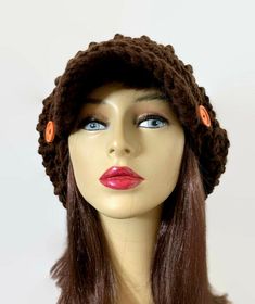 This is made to order. This hat is crocheted with chunky brown acrylic yarn and is washable. I can make this in a variety of different colors so please contact me if you would like this in another color. Adjustable Brimmed Brown Beret, Adjustable Brown Brimmed Beret, Brown Slouchy Hand-knitted Crochet Hat, Slouchy Brown Hand-knitted Crochet Hat, Slouchy Hand-knitted Brown Crochet Hat, Brown Slouchy Handmade Crochet Hat, Slouchy Brown Crochet Hat Handmade, Brown Crochet Cap, Handmade Brown Flat Cap