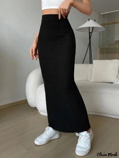 Olivia Mark - Casual High-Waisted Knit Pencil Skirt in Fashionable Style Bodycon Maxi Skirt, Comfortable Skirts, Knitted Skirt, Professional Event, Rock Outfit, Knit Pencil Skirt, Stylish Skirts, Unique Dress, Langer Rock