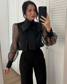 Scarf Blouse Outfit, Black Blouse Outfit, Bride Blouse, Sheer Black Shirt, Vetements Clothing, Persian Fashion, Women Dresses Classy, Woman Suit Fashion, Quick Outfits