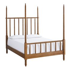 a wooden bed frame with white sheets and pillows on top of it, against a white background