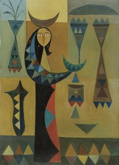 an abstract painting of a woman with long black hair and blue dress, standing in front of geometric shapes