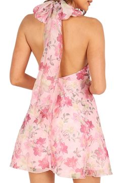 A dreamy floral print amps up the romance of an airy chiffon minidress featuring a gathered halter neck balanced by a flowy flared skirt. Ties at neck; hidden back-zip closure Halter mock neck Lined 100% polyester Hand wash, dry flat Imported Satin Dresses Long, One Shoulder Dress Long, Halterneck Mini Dress, Petal And Pup, Rush Dresses, Floral Halter Dress, Resort Dresses, Essential Dress, Usa Dresses