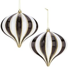 two black and white striped ornaments hanging from gold chains on a white background, each with an ornament in the shape of a ball