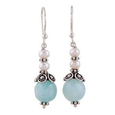 Nestled below sterling silver accents radiant light aqua aventurine stones with a total carat weight of 3.5 add subtle color to these alluring earrings. Above each gemstone two cultured freshwater pearls gleam brightly. Narayani of India designs the beautifully handcrafted earrings. Dangle Earrings With Amazonite And Natural Stones, Elegant Amazonite Dangle Jewelry, Elegant Turquoise Jade Jewelry, Elegant Silver Aquamarine Earrings, Elegant Silver Aventurine Jewelry, Aquamarine Round Jewelry With Matching Earrings, Elegant Aquamarine Nickel-free Earrings, Amazonite Natural Stone Earrings For Gifts, Elegant Round Aventurine Jewelry