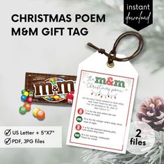 a christmas poem and m & m gift tag on a tree branch with candy bars