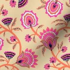 an orange and pink flower pattern on a beige background