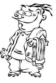 a cartoon character holding a bag and looking at something in his hand, black and white