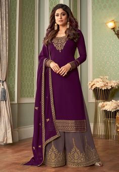 Shamita shetty purple georgette kameez with palazzo 8422  Desc:  Style : Pakistani Salwar Kameez Color : Purple Fabric : Inner Santoon   Georgette Work : Embroidery Occasion : Wedding   Mehendi   Sangeet   Reception   Social Gathering   Gudi Padwa Wash Care : Dry clean Sleeve Style : Full Sleeve Long Sleeves : Done only in Custom Stitch Sleeves Lining : Done only in Custom Stitch Bust Size: 32 to 42 Inches. With Express Free Shipping and Custom Stitching, Buy Indian Wedding Party Wear Salwar Sha Wedding Salwar Suits, Celana Fashion, Straight Cut Pants, Churidar Suits, Indian Salwar Kameez, Salwar Kameez Online, Embroidered Pants