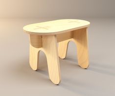 a small wooden bench sitting on top of a white floor