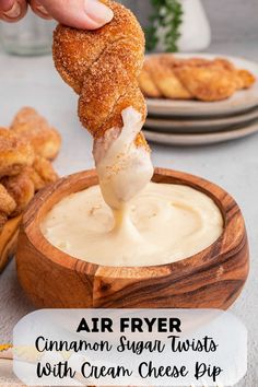 an air fryer cinnamon sugar twists with cream cheese dip