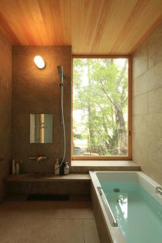 a bathroom with a large tub next to a window