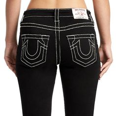 * True Religion Women's Curvy Skinny Jeans * Designed To Flatter Hourglass Figures And Cut In A Clean Denim Wash * Front Rise: 8 3/4", Back Rise: 14 1/4", Inseam: 29", Leg Opening: 9 1/2" * 82% Cotton, 16% Polyester, 2% Spandex * Imported * Style: 201077 * Color: Black * New W/ Tag * Authorized True Religion Reseller Black Jeans With Contrast Stitching, Fitted Black Jeans With Contrast Stitching, Body Types Women, Curvy Jeans, True Religion Jeans, Best Jeans, Gap Jeans, Designer Jeans, True Religion