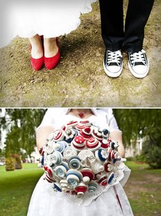 the bride and groom are wearing red white and blue shoes